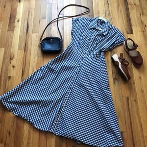 Jones New York Navy Blue & white gingham full shirt dress button up long midi